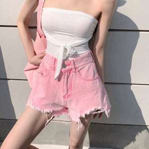 Basic Summer Denim Shorts Women 2021 Korean Style Casual High Waist Cuffed Tassels Ripped Holes Pink Jeans Shorts Female Bottoms
