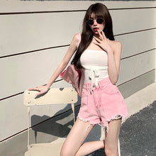 Load image into Gallery viewer, Basic Summer Denim Shorts Women 2021 Korean Style Casual High Waist Cuffed Tassels Ripped Holes Pink Jeans Shorts Female Bottoms
