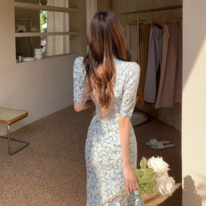 Beach Summer Floral Sexy Split Party Dresses Women V-neck Blue Daisy French Vintage Dress Korean Short Sleeve Midi Sundress 2021