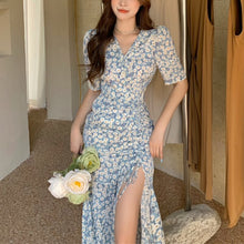 Load image into Gallery viewer, Beach Summer Floral Sexy Split Party Dresses Women V-neck Blue Daisy French Vintage Dress Korean Short Sleeve Midi Sundress 2021
