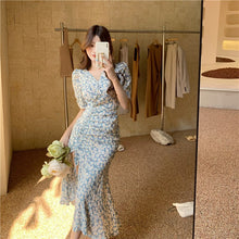 Load image into Gallery viewer, Beach Summer Floral Sexy Split Party Dresses Women V-neck Blue Daisy French Vintage Dress Korean Short Sleeve Midi Sundress 2021