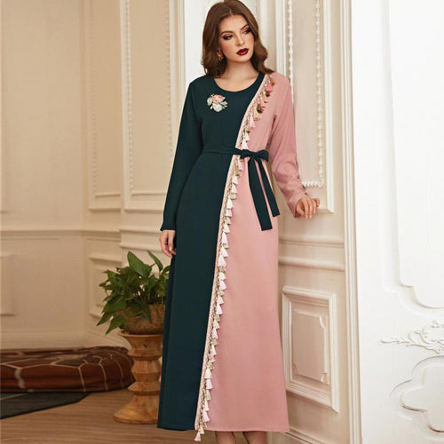 Beautiful Retro Green Powder Hit Color Tassels Handmade Flowers Rhinestones Long-sleeved Muslim Long Skirt Women's Clothing Robe