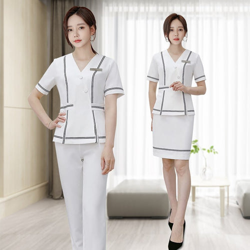 Beauty Salon Beautician White Work Uniforms Sauna Foot Bath Waitress V Neck Wokwear Sets Spa Massage Short Sleeve Uniforms Suits