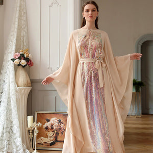 Beige Yellow Colorful Butterfly Sleeve Dress Middle Eastern Fashion Women's Robe Arab Hui Ethnicity Ramadan Dress Muslim Clothes
