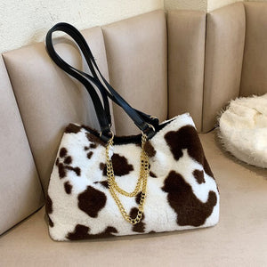 Big Flower Pattern Warm Plush Faux Fur Fluffy Shoulder Bag FOR Women 2021 Winter Female Luxury Designer Shoulder Bags Handbags