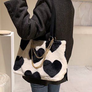 Big Flower Pattern Warm Plush Faux Fur Fluffy Shoulder Bag FOR Women 2021 Winter Female Luxury Designer Shoulder Bags Handbags