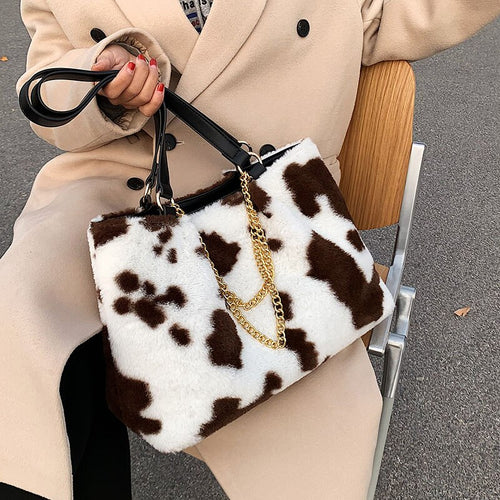 Big Flower Pattern Warm Plush Faux Fur Fluffy Shoulder Bag FOR Women 2021 Winter Female Luxury Designer Shoulder Bags Handbags