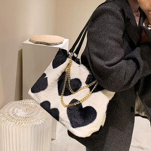 Big Flower Pattern Warm Plush Faux Fur Fluffy Shoulder Bag FOR Women 2021 Winter Female Luxury Designer Shoulder Bags Handbags