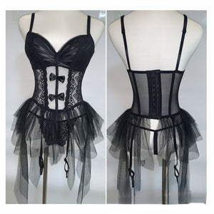 Black Bodycon Jumpsuit Thong Lingerie Women&#39;s Bustier Sexy Lace Corset Mesh Transparent Sleepwear Garter Belt Corset Skirt Suit