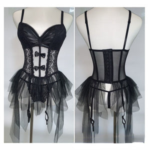 Black Bodycon Jumpsuit Thong Lingerie Women&#39;s Bustier Sexy Lace Corset Mesh Transparent Sleepwear Garter Belt Corset Skirt Suit