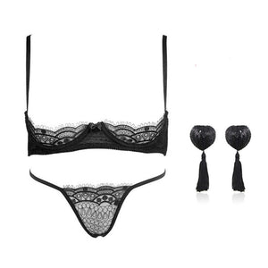 Black Eyelash Lace Women Underwear Temptation Thin Open Bra Panties Intimates Embroidery Bralette Panty Lingerie Sets