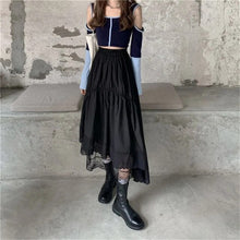 Load image into Gallery viewer, Black Gothic Lace Stitching Irregular Pleated Skirt Women White Vintage High Waist Long Skirt Korean Solid Hip Hop Streetwear