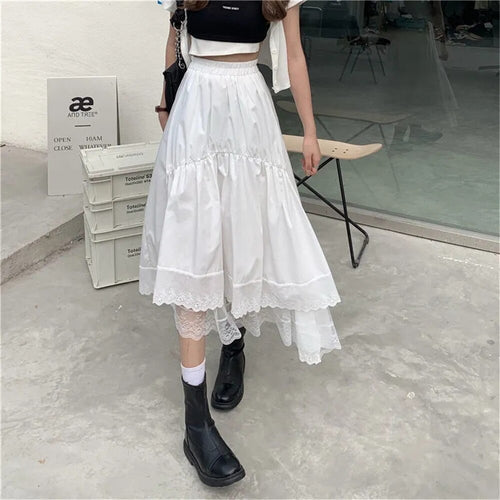 Black Gothic Lace Stitching Irregular Pleated Skirt Women White Vintage High Waist Long Skirt Korean Solid Hip Hop Streetwear