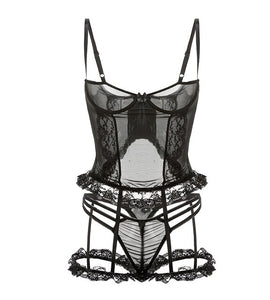 Black Lace Top Corset Underbust Bustier with Leg Ring Burlesque Women Gothic Corselet Steampunk Lingerie Sexy Body Shaper