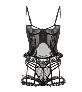 Black Lace Top Corset Underbust Bustier with Leg Ring Burlesque Women Gothic Corselet Steampunk Lingerie Sexy Body Shaper