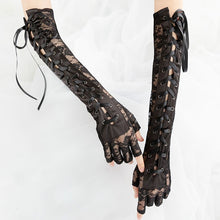 Load image into Gallery viewer, Black Lace Up Fingerless Gloves Elbow steampunk for Womens Costume Party Arm Warmer Sexy Mittens Clubwear Cosplay Accessories