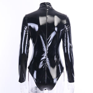Black Long Sleeve PU Leather Bodysuit Slim Turtleneck Seamless Sexy Playsuit Women Nightclub Party Bottomshirt Latex Jumpsuit