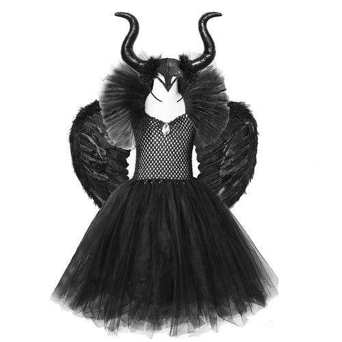 Black Maleficent Devil Halloween Costumes Kids Girls Tutu Dress Ankel Length Dresses Devil Costume Cosplay Outfits Horns Wings