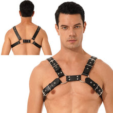 Load image into Gallery viewer, Black Men Body Chest Faux Leather Harness Belt O Ring Rivet Adjustable Straps Clubwear Rock Music Concert Stage Show Accessories