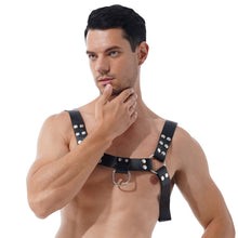 Load image into Gallery viewer, Black Men Body Chest Faux Leather Harness Belt O Ring Rivet Adjustable Straps Clubwear Rock Music Concert Stage Show Accessories