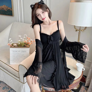 Black Mesh Pajama Sexy Lingerie Dress Bath Robe Nightdress Chest Pad Lace Retro Palace Fairy Two Piece Set Night Wear Women Set