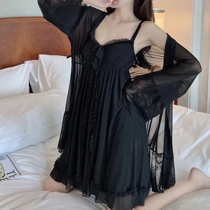 Black Mesh Pajama Sexy Lingerie Dress Bath Robe Nightdress Chest Pad Lace Retro Palace Fairy Two Piece Set Night Wear Women Set