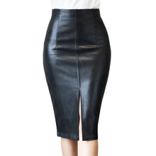 Load image into Gallery viewer, Black PU Leather Skirt Women 2022 New Midi Sexy High Waist Bodycon Split Skirt Office Pencil Skirt Knee Length Plus Size