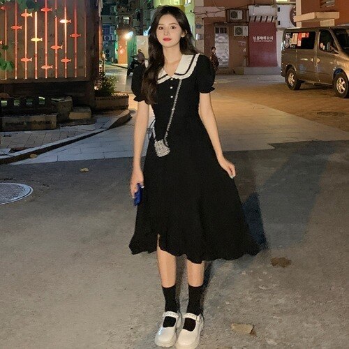 Black Princess Elegant Sweet Dress Women 2021 Summer Slim Korean Designer Party Kawaii Dress Female High Waist Causal Sundress