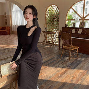 Black Slim Fit Dress Women Design Hollow Out Bodycon Elegant A Line Long Sleeve Vestidos Mujer Korean Style Chic Simple Robe