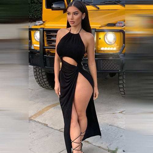 Black Slit Sexy Long Dress Women Halter Neck Bodycon Maxi Dresses Female Hollow Out Club Party Dress Summer Brithday Vestidos
