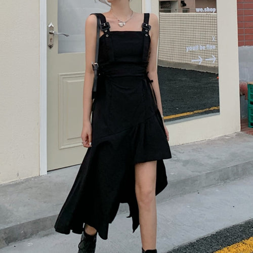 Black Spaghetti Strap Robe Goth Women Summer 2021 Elegant Sexy Party Irregular Gothic Long Dress Korean Style Clothes Vestidos