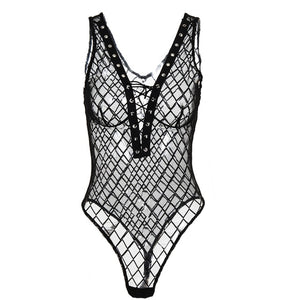 Black Summer Sexy Jumpsuit Ins Grid Yarn Transparent Hollow Lace Bandage Bodysuit Elegant Bodycon Jumpsuit Women Rompers