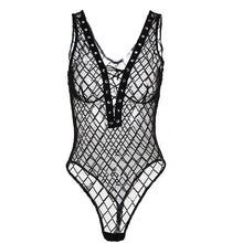 Load image into Gallery viewer, Black Summer Sexy Jumpsuit Ins Grid Yarn Transparent Hollow Lace Bandage Bodysuit Elegant Bodycon Jumpsuit Women Rompers