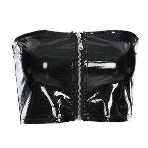 Black Women Sexy Wet Look Faux Leather PVC Vinyl Shiny Zipper Bandeau Bra Tube Bandage Bralet Crop Tank Top Bralette Bustier