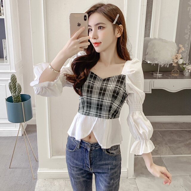 Blouse Women Autumn 2021 New Office Lady Patchwork Plaid Long Sleeve Square Collar Thin White Blusas Womens Tops And Blouses