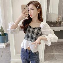 Load image into Gallery viewer, Blouse Women Autumn 2021 New Office Lady Patchwork Plaid Long Sleeve Square Collar Thin White Blusas Womens Tops And Blouses