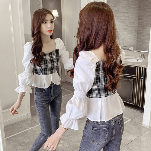 Blouse Women Autumn 2021 New Office Lady Patchwork Plaid Long Sleeve Square Collar Thin White Blusas Womens Tops And Blouses