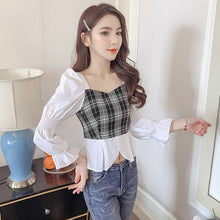 Load image into Gallery viewer, Blouse Women Autumn 2021 New Office Lady Patchwork Plaid Long Sleeve Square Collar Thin White Blusas Womens Tops And Blouses