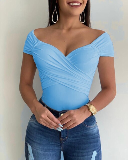 Blouse Women V Neck Shrot Sleeve Shirts Summer Elegant Office Ladies Slim Fit Off Shoulder Solid Color Womens Sexy Tops
