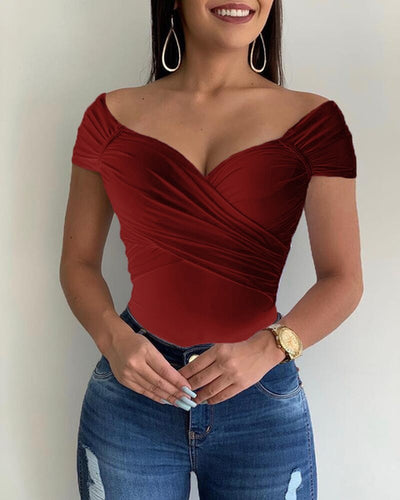 Blouse Women V Neck Shrot Sleeve Shirts Summer Elegant Office Ladies Slim Fit Off Shoulder Solid Color Womens Sexy Tops