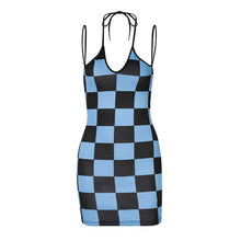 Load image into Gallery viewer, Blue Checkerboard Women Sexy Bodycon Ruched Dress Backless Spaghetti Straps Halter Clubwear Summer Dress Party Dress