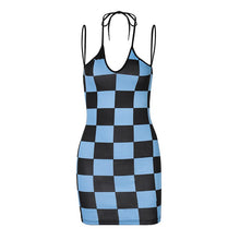 Load image into Gallery viewer, Blue Checkerboard Women Sexy Bodycon Ruched Dress Backless Spaghetti Straps Halter Clubwear Summer Dress Party Dress