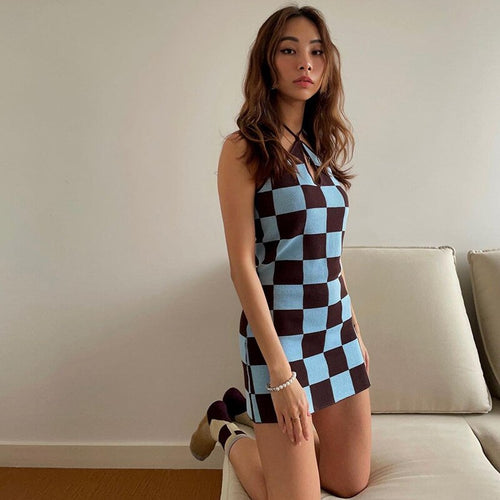 Blue Checkerboard Women Sexy Bodycon Ruched Dress Backless Spaghetti Straps Halter Clubwear Summer Dress Party Dress