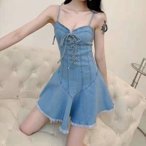Blue Denim Camisole Dresses 2021 Ladies Summer Casual Vestidos For Women Sexy Backless Spaghetti Strap DrawString Robe Fashion