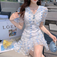 Load image into Gallery viewer, Blue Elegant Floral Dresses Women Vintage Sexy V-neck Designer Sweet Mini Dress Female Casual Pretty Fishtail Dress 2021 Summer