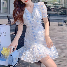Load image into Gallery viewer, Blue Elegant Floral Dresses Women Vintage Sexy V-neck Designer Sweet Mini Dress Female Casual Pretty Fishtail Dress 2021 Summer