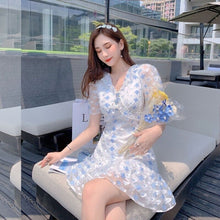Load image into Gallery viewer, Blue Elegant Floral Dresses Women Vintage Sexy V-neck Designer Sweet Mini Dress Female Casual Pretty Fishtail Dress 2021 Summer