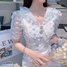 Load image into Gallery viewer, Blue Elegant Floral Dresses Women Vintage Sexy V-neck Designer Sweet Mini Dress Female Casual Pretty Fishtail Dress 2021 Summer