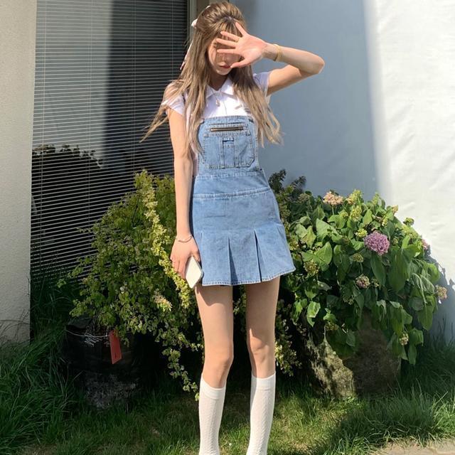 Blue Kawaii Denim Women Dress Summer 2021 Harajuku Casual Suspender Pleated Mini Dress Streetwear Chic Korean Fashinon Clothing