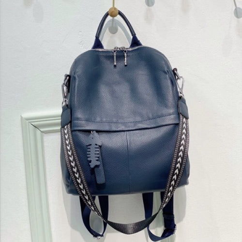 Blue Large Capacity Women Backpack Natural Genuine Leather Ruckrask Fish Zipper Design Teenager Girl Rucksack Vintage School Bag